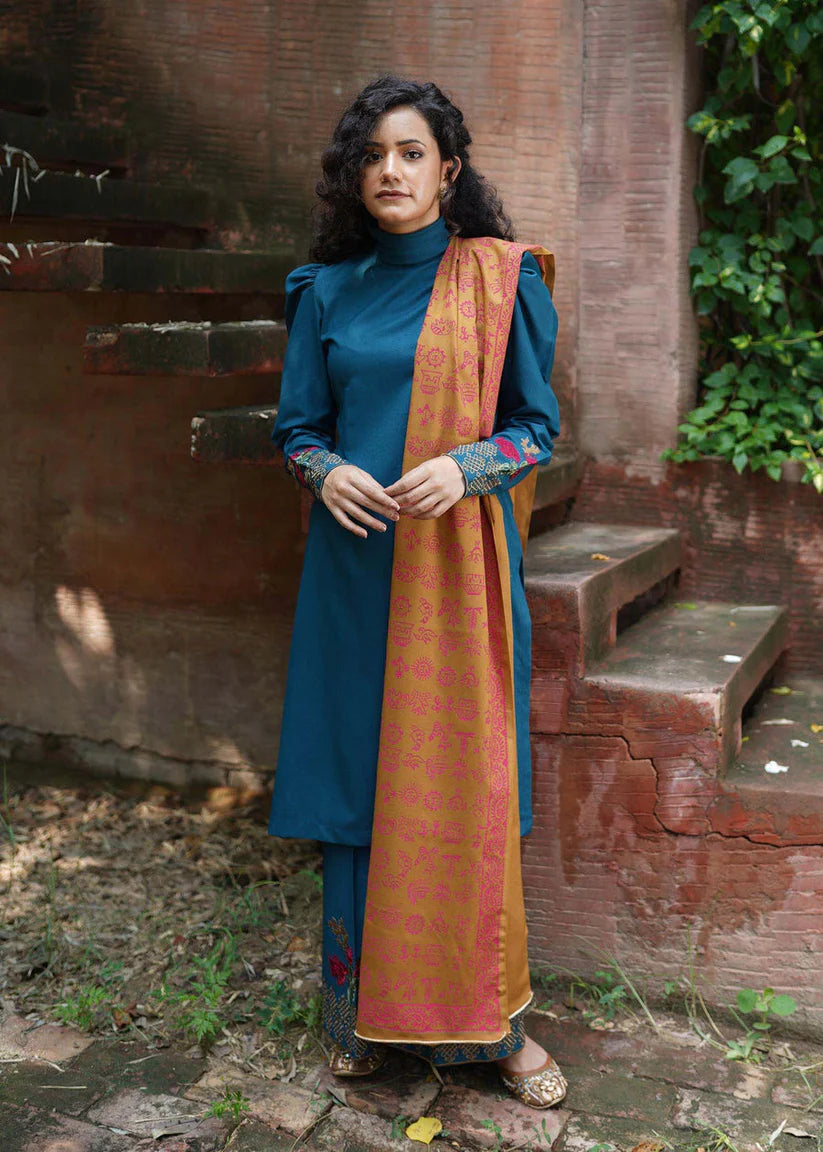 BrandsInn - 3PC DHANAK EMBROIDERED SHIRT WITH WOOL PRINTED SHAWL AND TROUSER-BI-4086