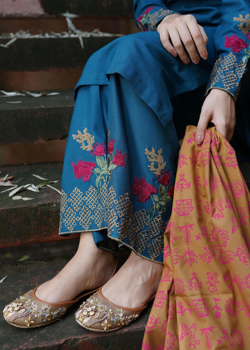 BrandsInn - 3PC DHANAK EMBROIDERED SHIRT WITH WOOL PRINTED SHAWL AND TROUSER-BI-4086