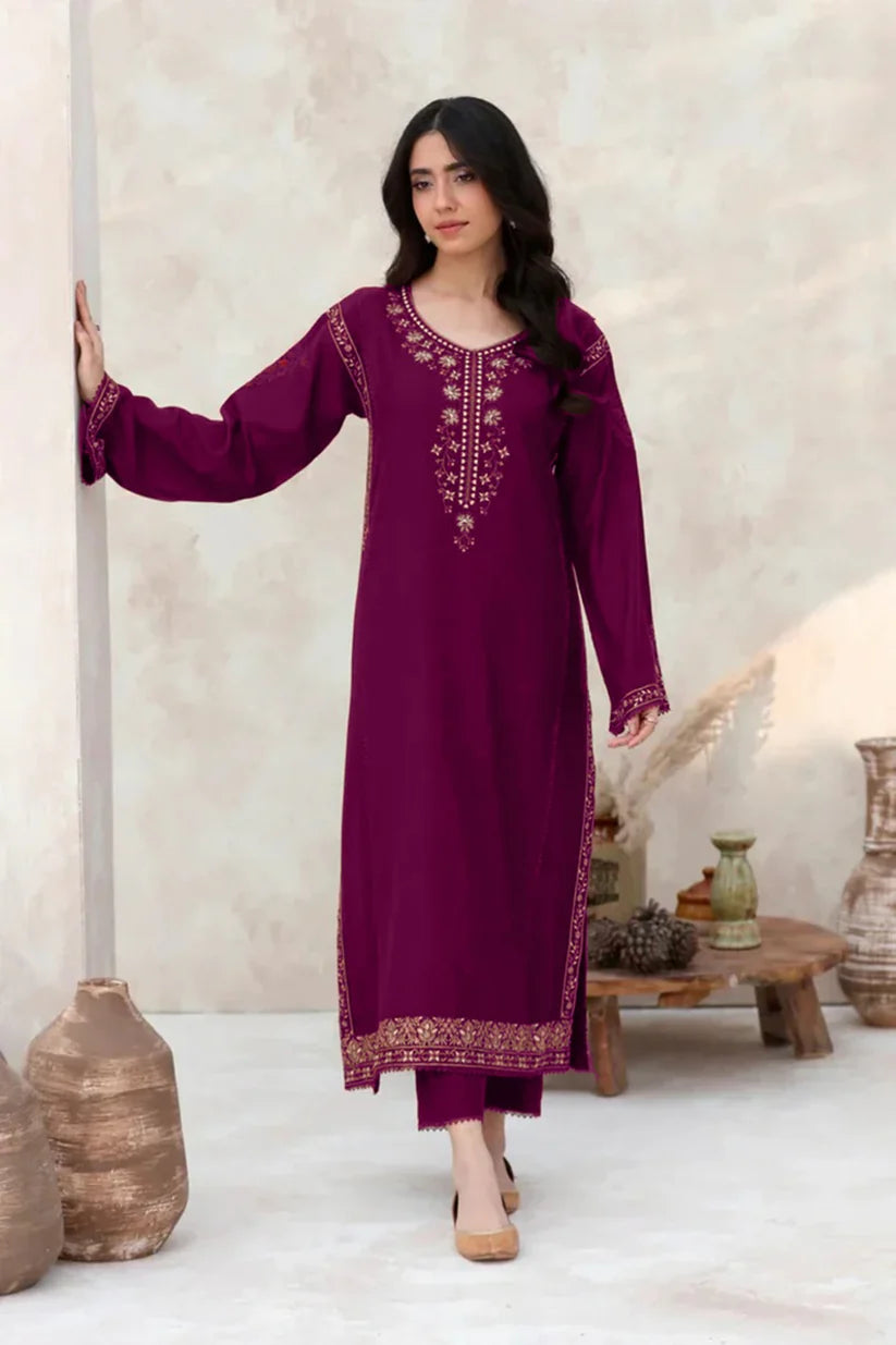 BrandsInn-2PC DHANAK EMBROIDERED SHIRT WITH DHANAK EMBROIDERED SLEEVES-BI-4047