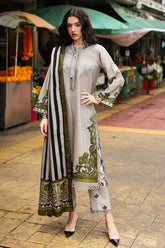 BrandsInn-3PC KHADDAR PRINTED EMB SHIRT WITH KHADDAR PRINTED DUPATTA AND PRINT TROUSER-BI-