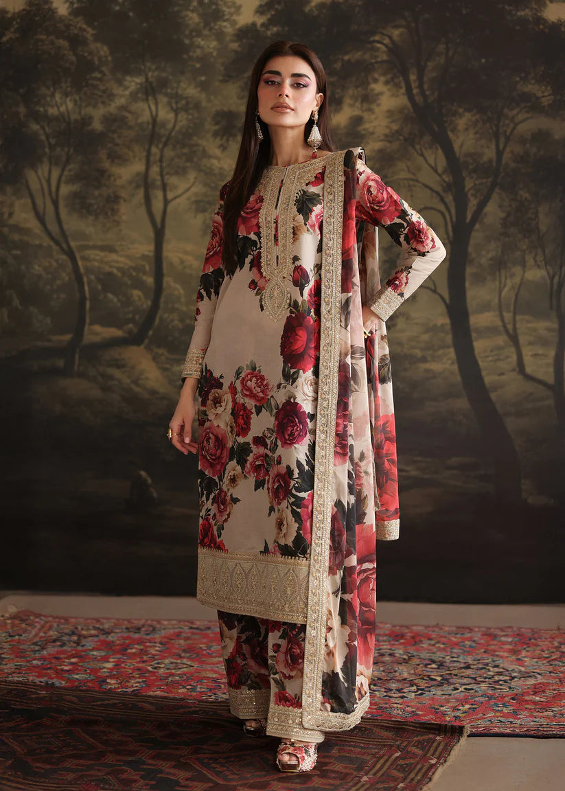 BrandsInn-3PC SHAMOZ SILK PRINT EMBROIDERED SHIRT WITH SOFT SILK PRINT EMBROIDERED DUPATTA & EMB SILK TROUSER-BI-4163