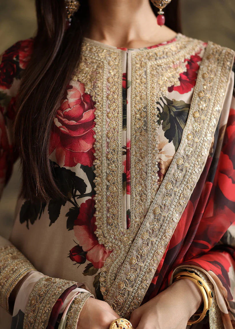 BrandsInn-3PC SHAMOZ SILK PRINT EMBROIDERED SHIRT WITH SOFT SILK PRINT EMBROIDERED DUPATTA & EMB SILK TROUSER-BI-4163
