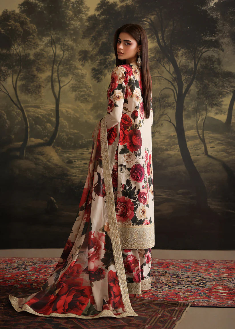 BrandsInn-3PC SHAMOZ SILK PRINT EMBROIDERED SHIRT WITH SOFT SILK PRINT EMBROIDERED DUPATTA & EMB SILK TROUSER-BI-4163