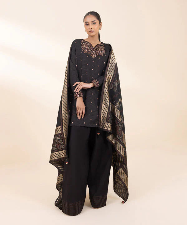 BrandsInn- 3PC DHANAK EMBROIDERED SHIRT WITH WOOL PRINT SHAWL AND TROUSER-BI-4111