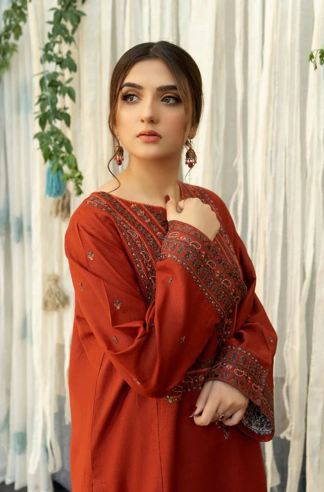 BrandsInn - 3PC DHANAK EMBROIDERED SHIRT WITH COUTURE WOOL PRINT SHAWL AND TROUSER-BIC-4019