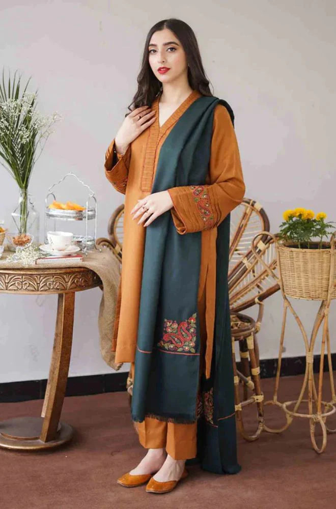 AISLING -3PC DHANAK EMBROIDERED SHIRT WITH DHANAK EMBROIDERED SHAWL& TROUSER -BI-4072