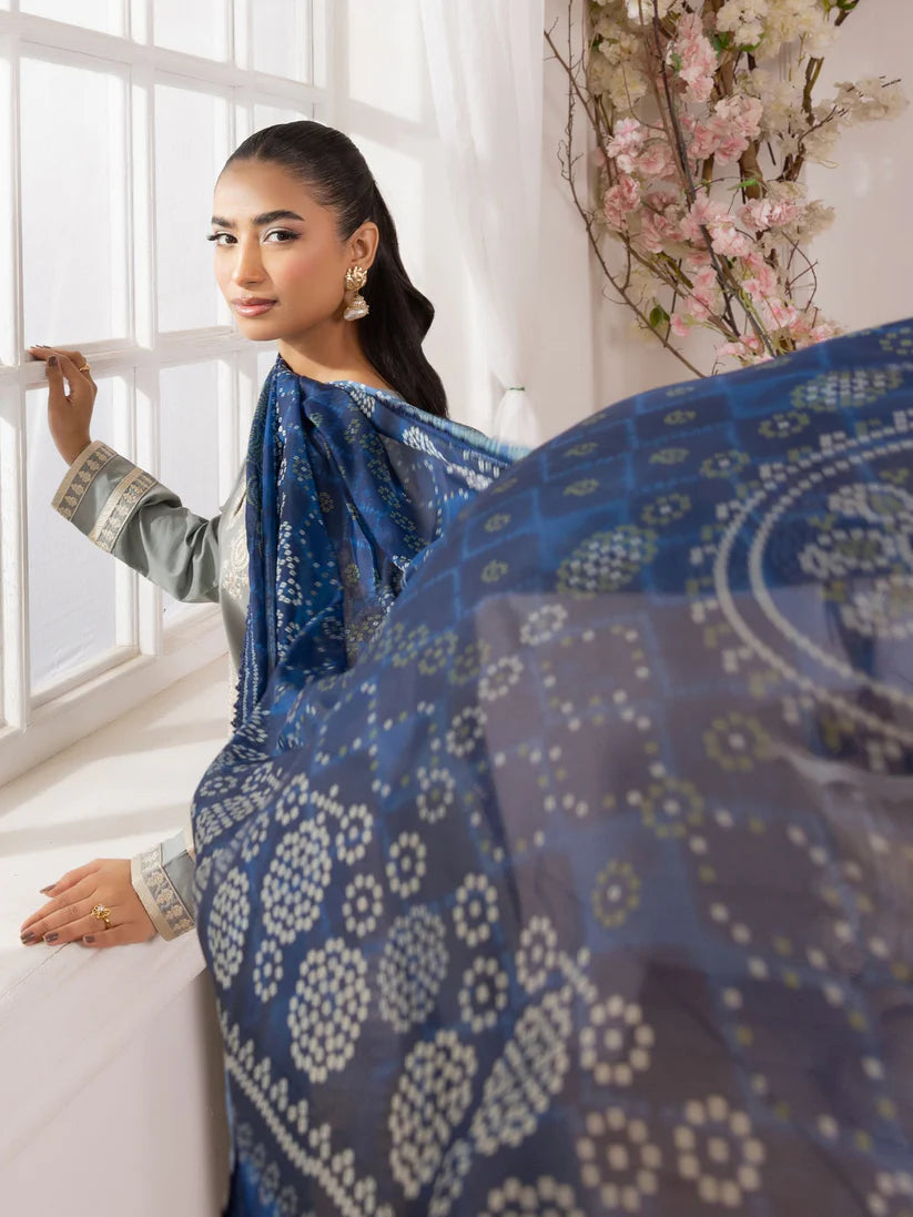 BrandsInn-3PC LAWN EMBROIDERED SHIRT WITH MONARK PRINTED DUPATTA AND TROUSER-BI-348