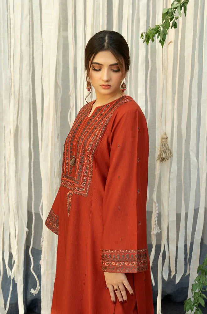 BrandsInn - 3PC DHANAK EMBROIDERED SHIRT WITH COUTURE WOOL PRINT SHAWL AND TROUSER-BIC-4019