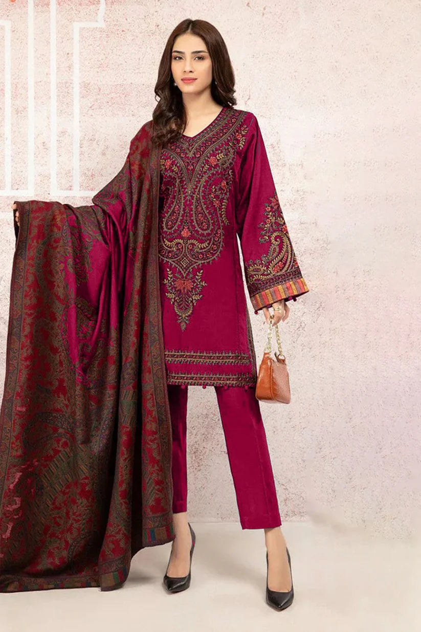MARIA B-3PC KHADDAR EMBROIDRED SHIRT WITH WOOL PRINT SHAWL AND TROUSER-BI-4045