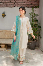 BrandsInn - 3PC DHANAK EMBROIDERED SHIRT WITH COUTURE WOOL PRINT SHAWL AND EMB TROUSER-BI-3166
