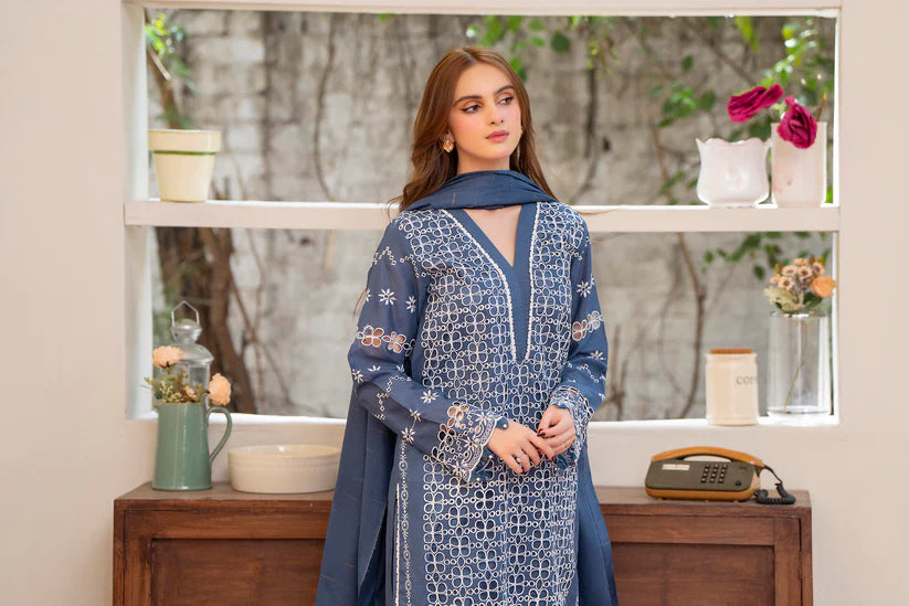 BrandsInn-3PC LAWN CHIKENKARI EMBROIDERED SHIRT WITH LAWN TUBE SLUB DUPATTA-BI-326