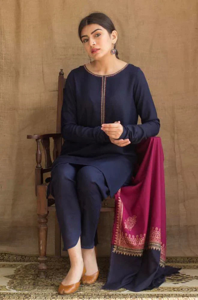 BrandsInn - 3PC DHANAK EMBROIDERED SHIRT WITH WOOL PRINT SHAWL -BI-4102