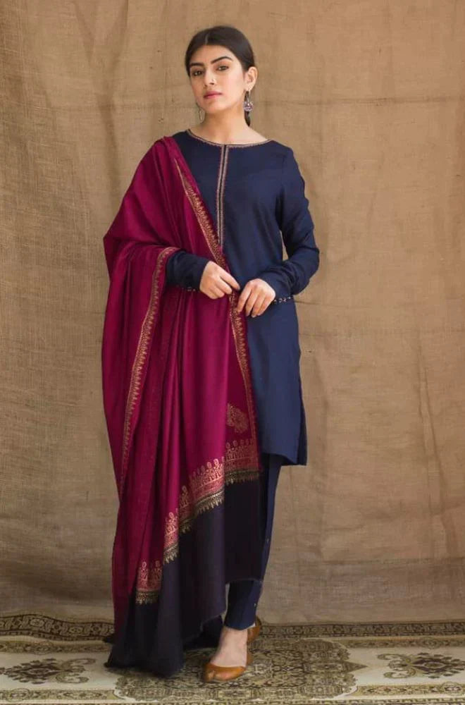 BrandsInn - 3PC DHANAK EMBROIDERED SHIRT WITH WOOL PRINT SHAWL -BI-4102
