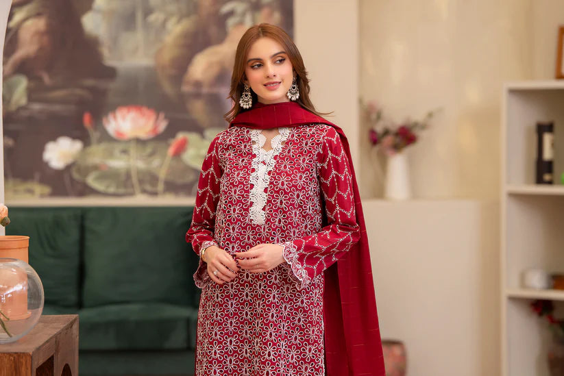BrandsInn-3PC LAWN CHIKENKARI EMBROIDERED SHIRT WITH LAWN TUBE SLUB DUPATTA-BI-325
