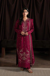 BrandsInn-3PC DHANAK EMBROIDERED SHIRT WITH DHANAK EMBROIDERED SHAWL AND TROUSER-BI-4403