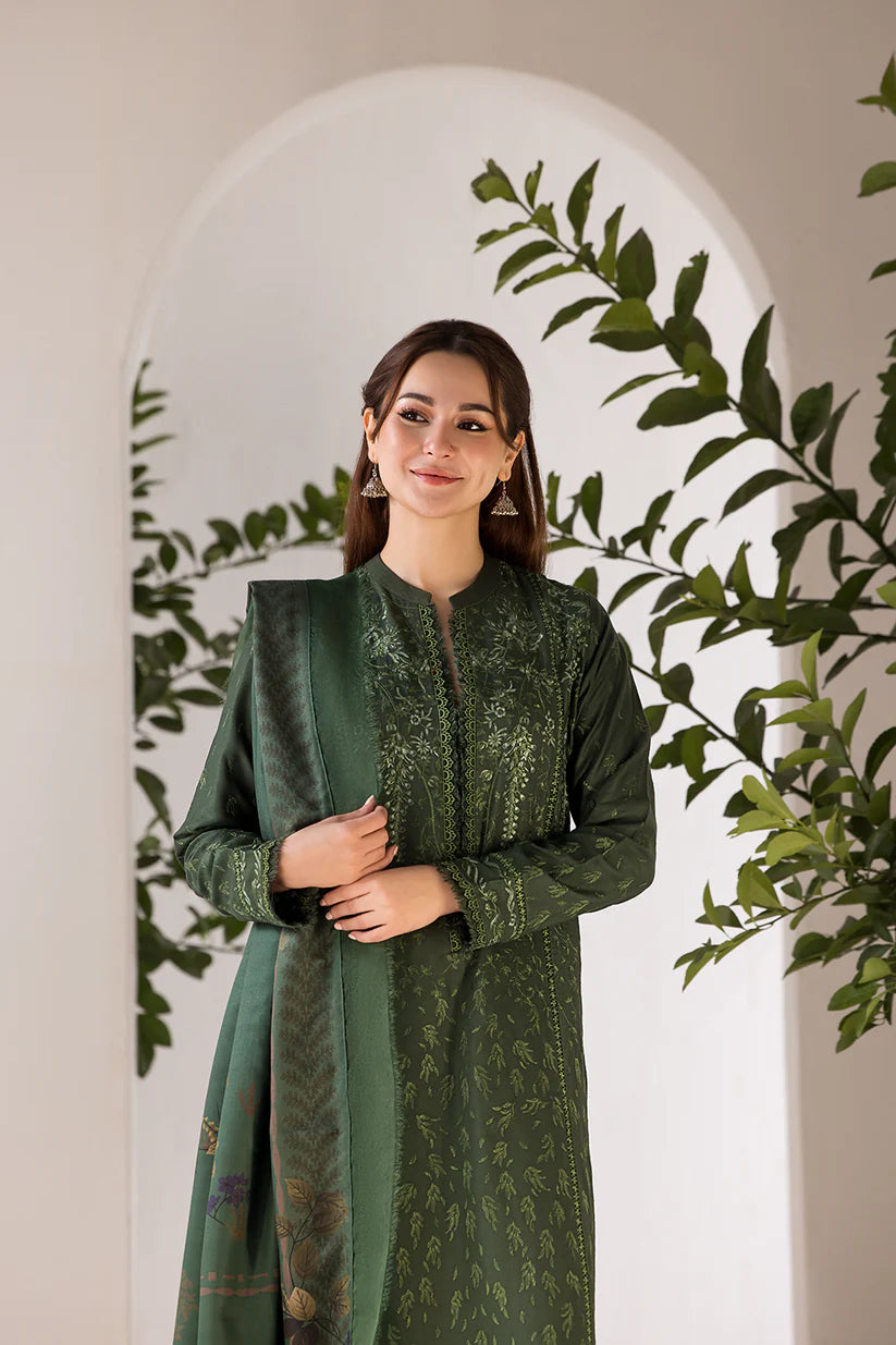 BrandsInn- 3PC DHANAK EMBROIDERED SHIRT WITH WOOL PRINT SHAWL AND TROUSER-BI-4049