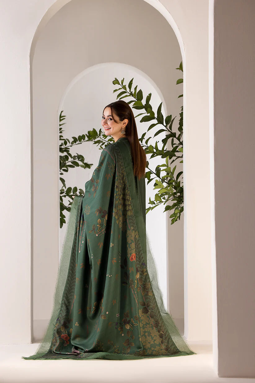 BrandsInn- 3PC DHANAK EMBROIDERED SHIRT WITH WOOL PRINT SHAWL AND TROUSER-BI-4049