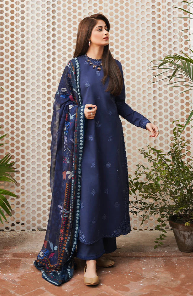 BrandsInn-3PC DHANAK EMBROIDERED SHIRT WITH COURTRAI WOOL PRINTED SHAWL & TROUSER-BI-4020
