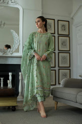 BrandsInn-3PC LAWN EMBROIDERED SHIRT WITH CHIFFON PRINTED EMB DUPATTA AND TROUSER-BI-4616