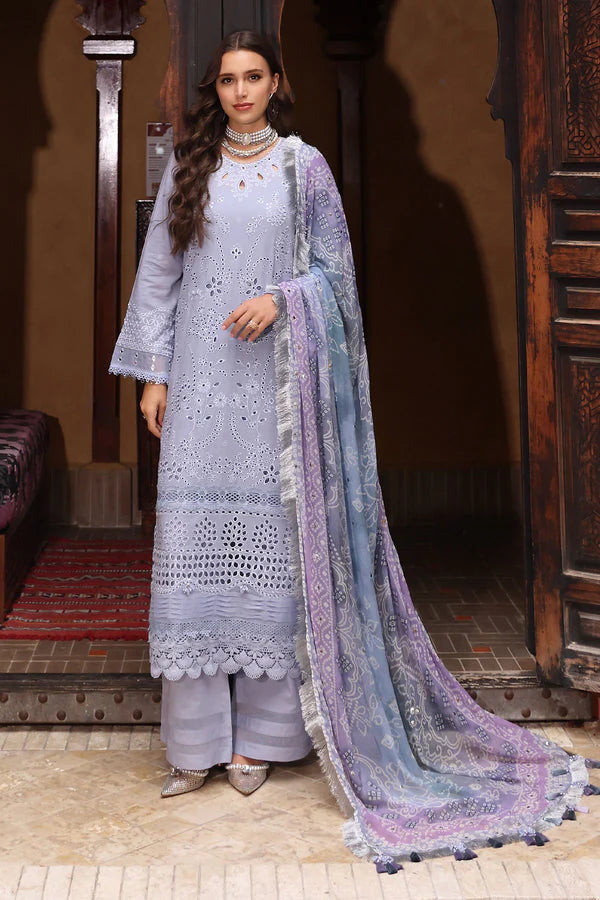 BrandsInn-3PC LAWN CHIKANKARI EMBROIDERED SHIRT WITH MONARK PRINTED DUPATTA AND EMB TRPUSER-BI-294