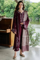 BrandsInn-3PC DHANAK EMBROIDERED SHIRT WITH COUTRAI PRINTED SHAWL AND TROUSER-BI-5267