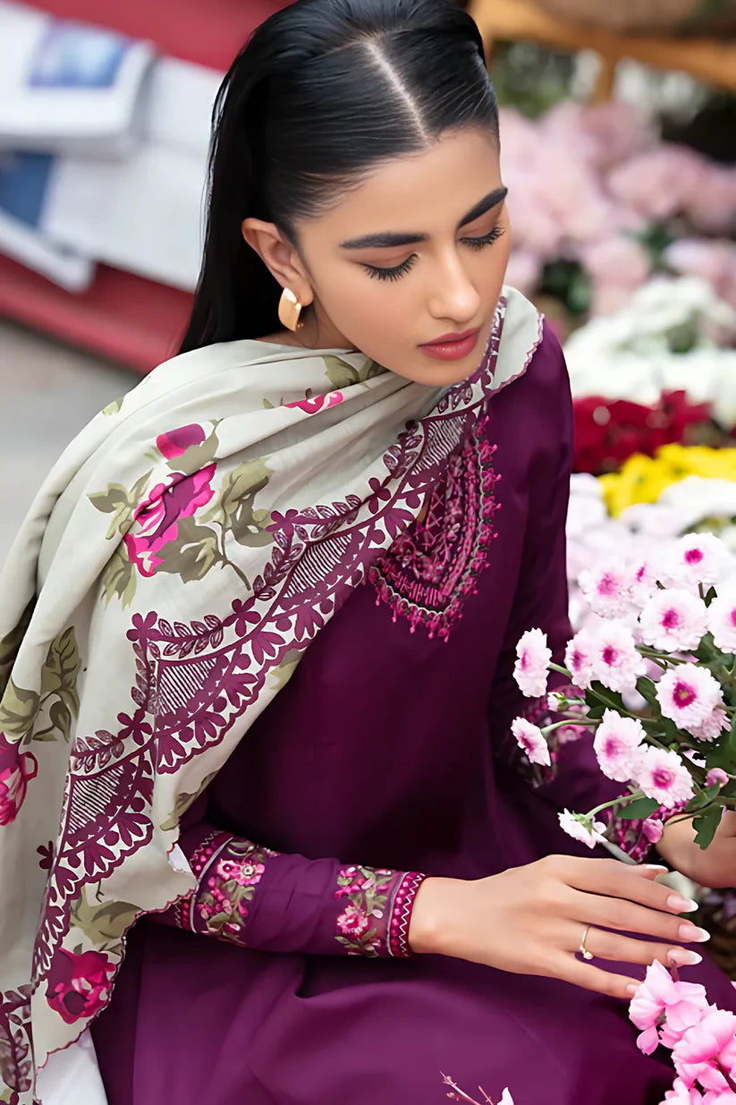 BrandsInn- 3PC DHANAK EMBROIDERED SHIRT WITH MONARK PRINTED DUPATTA AND EMB TROUSER-BI-4130