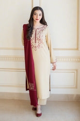 BrandsInn - 3PC DHANAK EMBROIDERED SHIRT WITH DHANAK EMBROIDERED SHAWL AND TROUSER-BI-4061