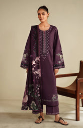 BrandsInn-3PC DHANAK EMBROIDERED SHIRT WITH COURTRAI PRINTED SHAWL & TROUSER-BI-4317