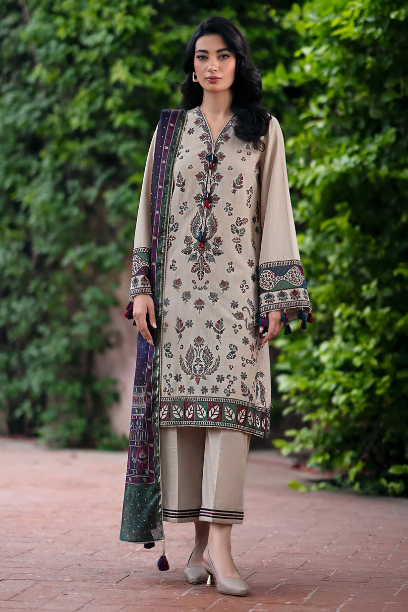 BrandsInn-3PC DHANAK EMBROIDRED SHIRT WITH WOOL PRINT SHAWL AND TROUSER-BI-4062