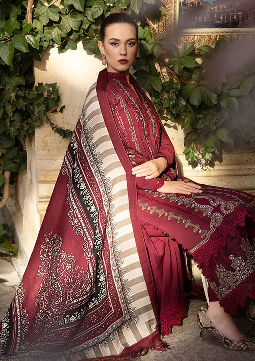BrandsInn - 3PC DHANAK EMBROIDERED SHIRT WITH COUTURE WOOL PRINT SHAWL AND DHANAK TROUSER-BIC-4007