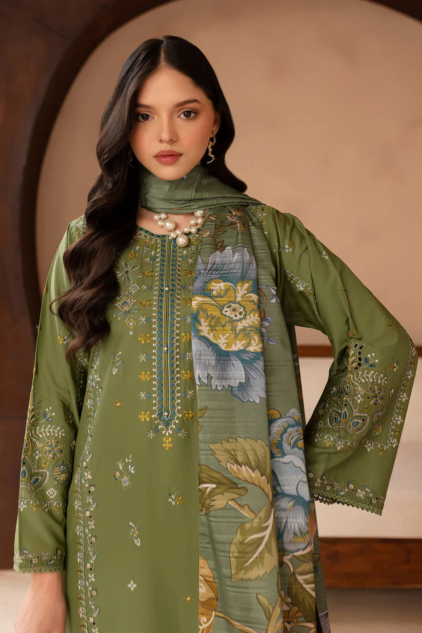BrandsInn-3PC LAWN EMBROIDERED SHIRT WITH MONARK PRINT DUPATTA AND EMB TROUSER-BI-413