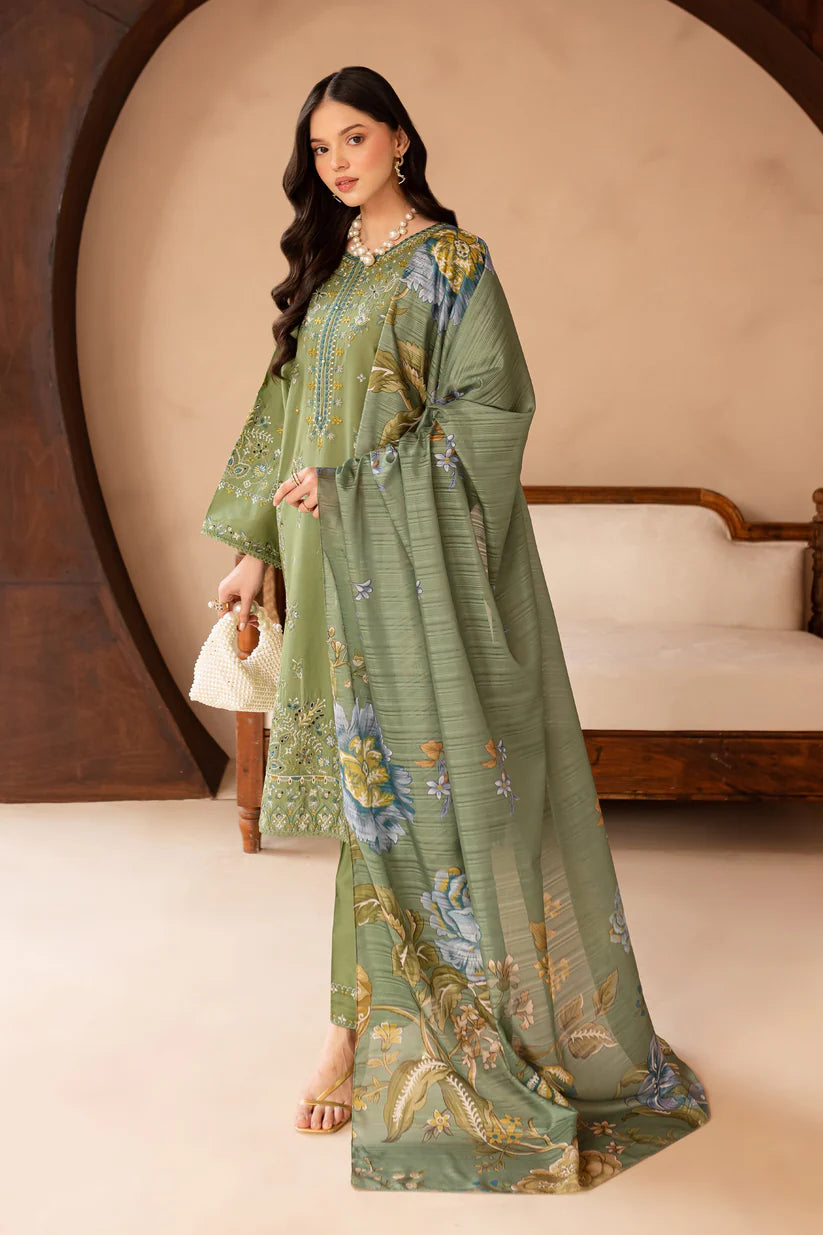 BrandsInn-3PC LAWN EMBROIDERED SHIRT WITH MONARK PRINT DUPATTA AND EMB TROUSER-BI-413