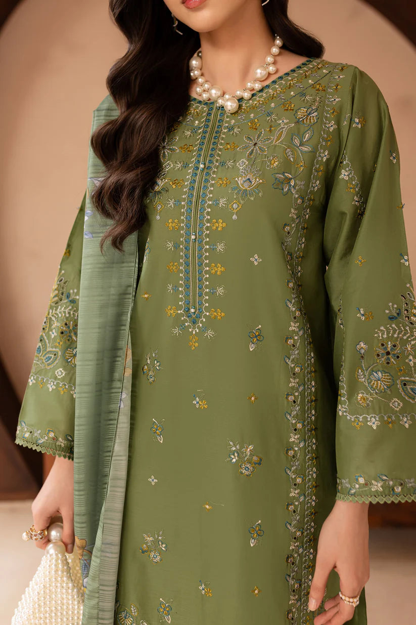 BrandsInn-3PC LAWN EMBROIDERED SHIRT WITH MONARK PRINT DUPATTA AND EMB TROUSER-BI-413