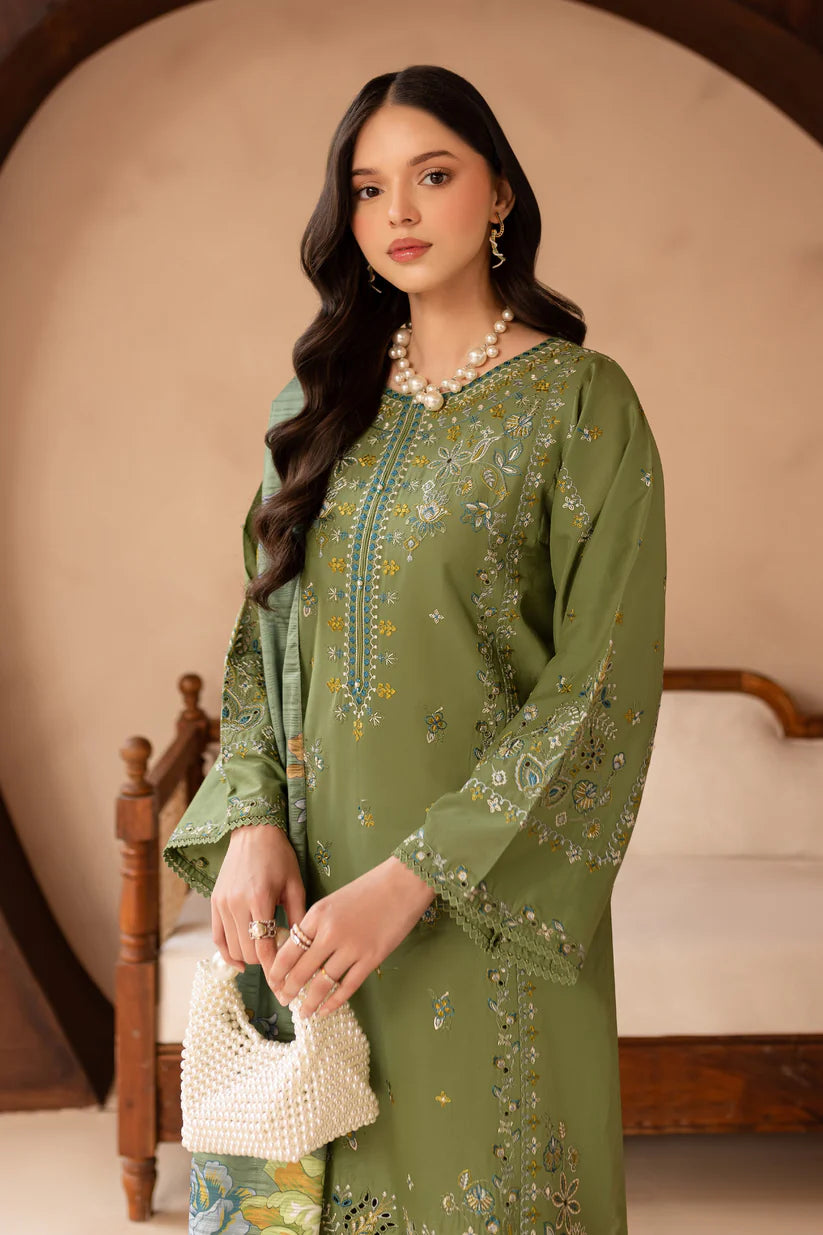 BrandsInn-3PC LAWN EMBROIDERED SHIRT WITH MONARK PRINT DUPATTA AND EMB TROUSER-BI-413