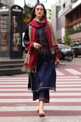 BrandsInn-3PC DHANAK EMBROIDERED SHIRT WITH COUTRAI PRINTED SHAWL AND EMB TROUSER-BI-5318