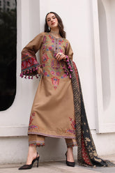 BrandsInn-3PC DHANAK EMBROIDERED SHIRT WITH COUTRAI PRINTED SHAWL AND EMB TROUSER-BI-5319