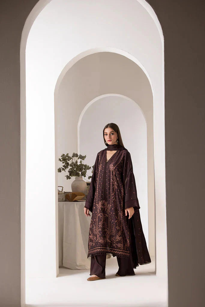 BrandsInn - 3PC DHANAK EMBROIDERED SHIRT WITH DHANAK EMBROIDERED SHAWL AND TROUSER-BIC-4012