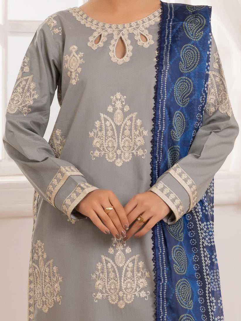 BrandsInn-3PC LAWN EMBROIDERED SHIRT WITH MONARK PRINTED DUPATTA AND TROUSER-BI-348