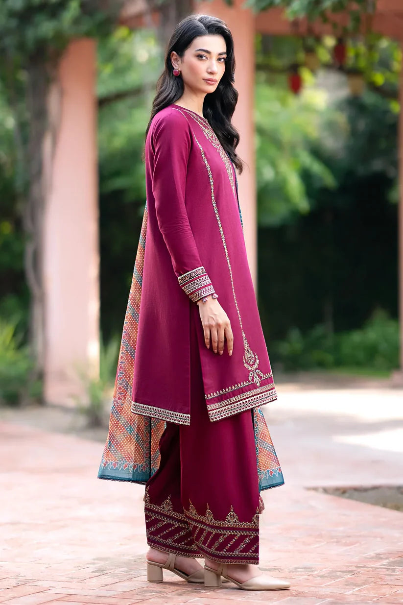 BRANDSINN - 3PC DHANAK EMBROIDERED SHIRT WITH WOOL PRINTED SHAWL & TROUSER -BI-4036