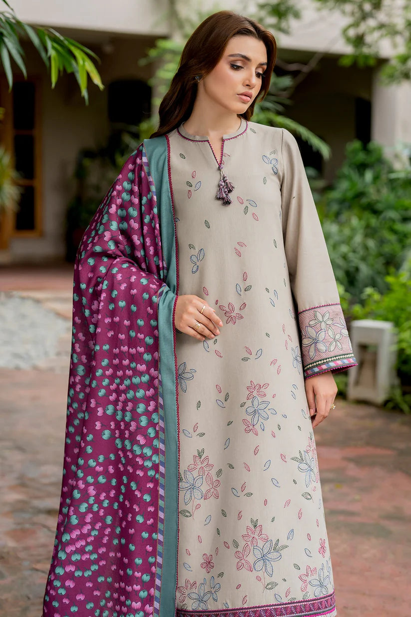 BrandsInn-3PC DHANAK EMBROIDRED SHIRT WITH WOOL PRINT SHAWL AND TROUSER-BI-4068