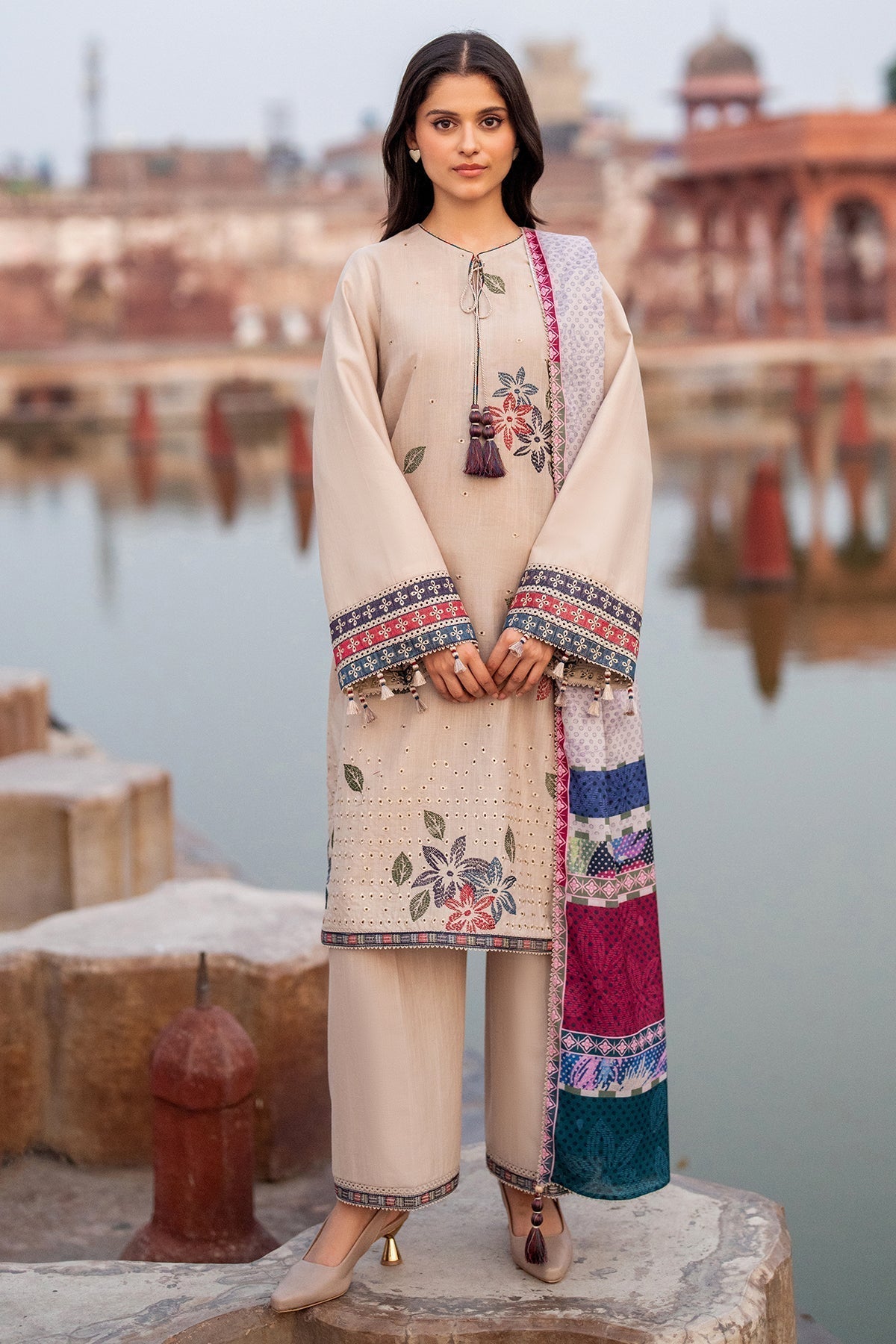BrandsInn-3PC LAWN EMBROIDERED SHIRT WITH MONARK PRINTED DUPATTA AND TROUSER-BI-143