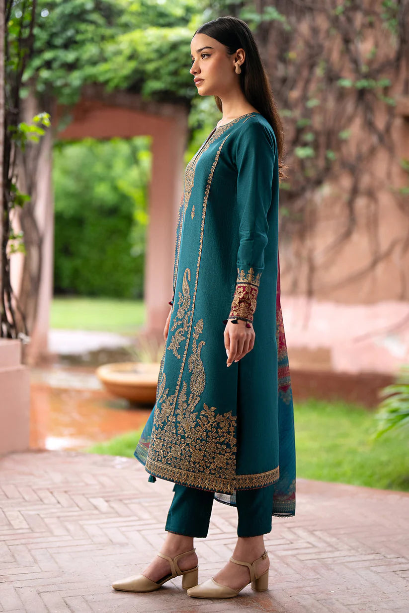 BrandsInn- 3PC DHANAK EMBROIDERED SHIRT WITH WOOL PRINT SHAWL AND TROUSER-A-BI-4102