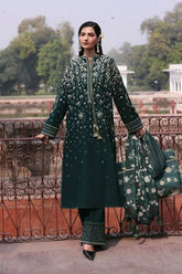 BrandsInn-3PC DHANAK EMBROIDERED SHIRT WITH COUTRAI PRINTED SHAWL AND EMB TROUSER-BI-5273
