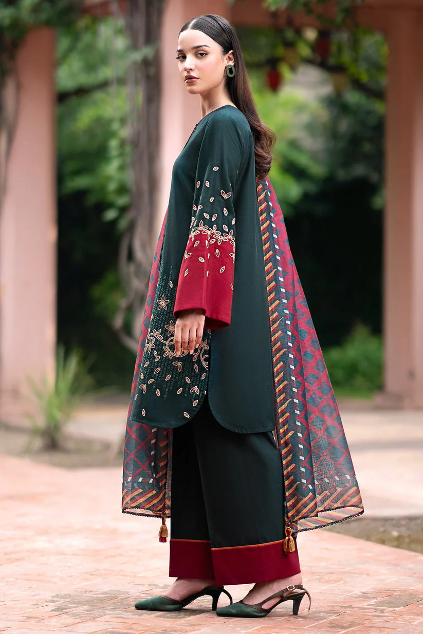 BrandsInn-3PC DHANAK EMBROIDRED SHIRT WITH WOOL PRINT SHAWL AND TROUSER-BI-4077