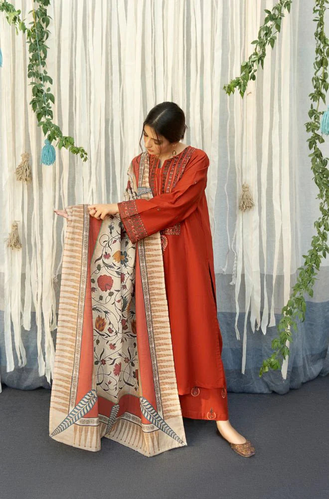 BrandsInn - 3PC DHANAK EMBROIDERED SHIRT WITH COUTURE WOOL PRINT SHAWL AND TROUSER-BIC-4019