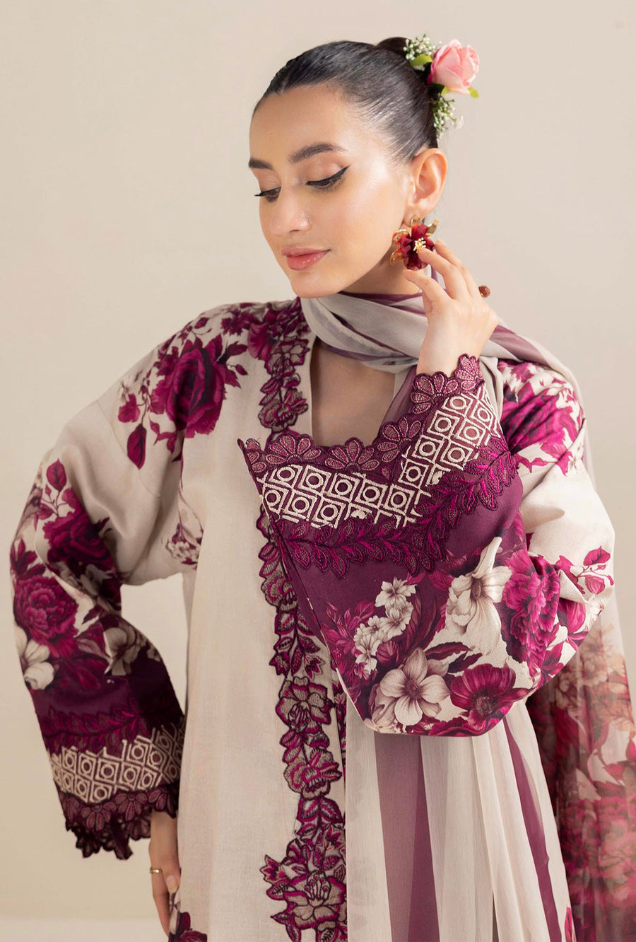 BrandsInn-3PC LAWN PRINTED EMB SHIRT WITH CHIFFON PRINT DUPATTA AND PRINT TROUSER-BI-313