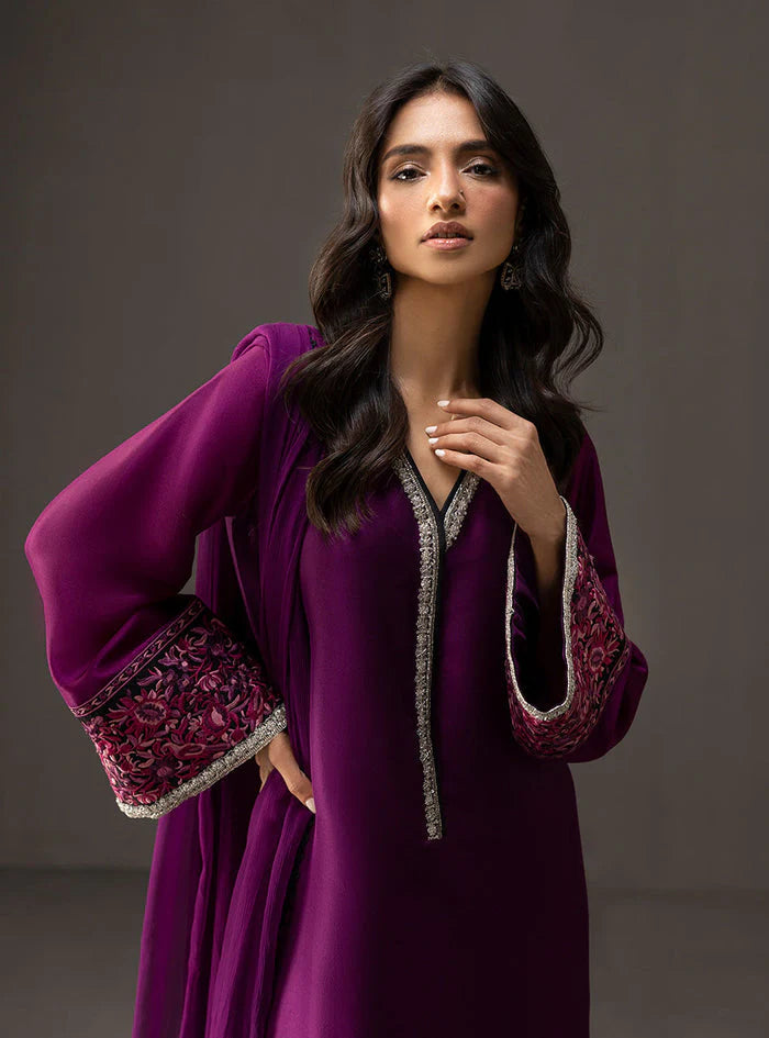 BrandsInn-3PC SHAMOZ SILK PRINT EMBROIDERED SHIRT WITH SOFT SILK PRINT DUPATTA & SILK TROUSER -BI-4164