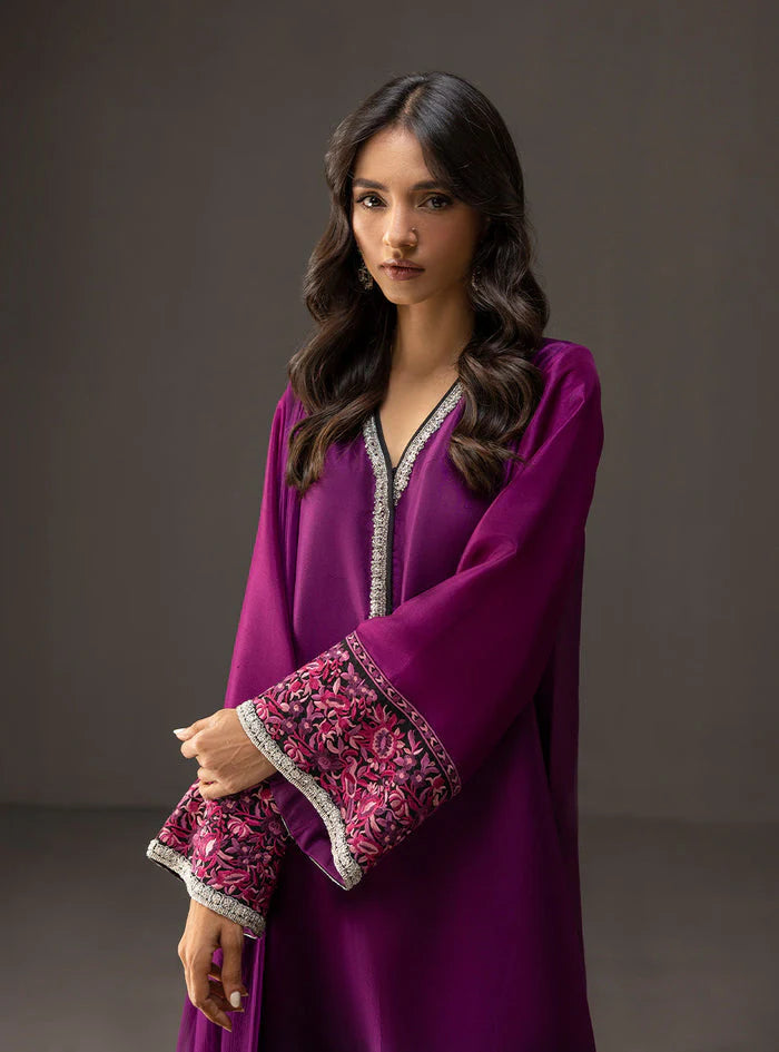 BrandsInn-3PC SHAMOZ SILK PRINT EMBROIDERED SHIRT WITH SOFT SILK PRINT DUPATTA & SILK TROUSER -BI-4164