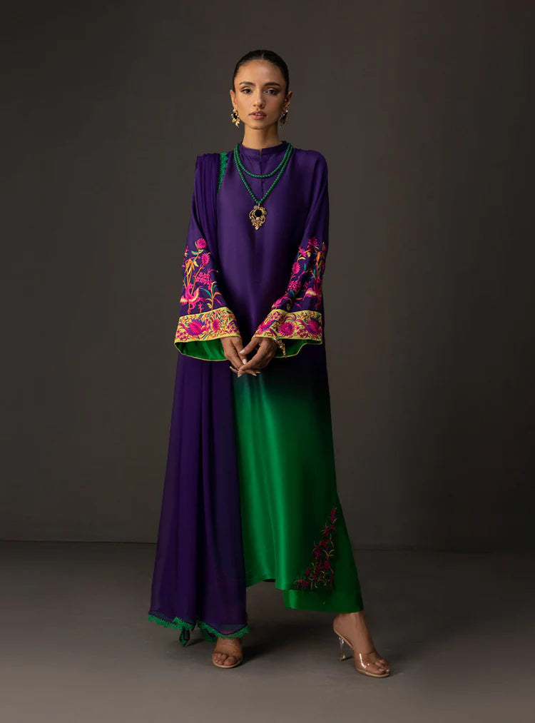 BrandsInn-3PC SHAMOZE SILK PRINTED EMB SHIRT WITH SOFT SILK PRINTED DUPATTA & TROUSER-BI-1727