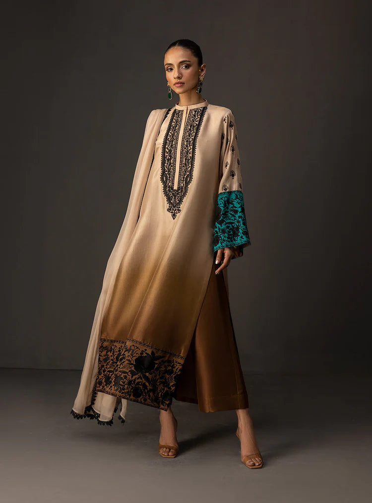 BrandsInn-3PC SHAMOZ SILK PRINT EMBROIDERED SHIRT WITH SOFT SILK PRINT DUPATTA & SILK TROUSER-BI-4165